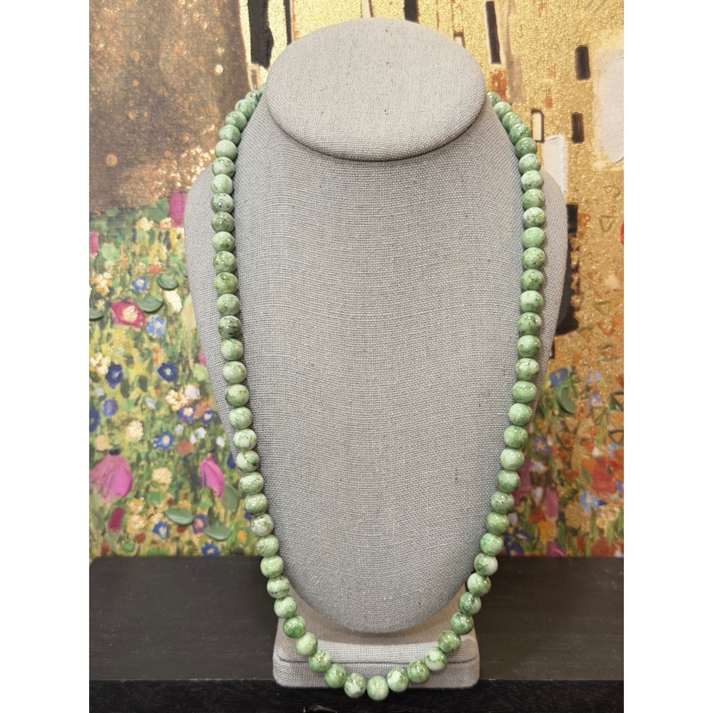 Vintage Chinese Export Jadeite Stone Bead Necklace Silver Tone Fu Clasp Knotted‎